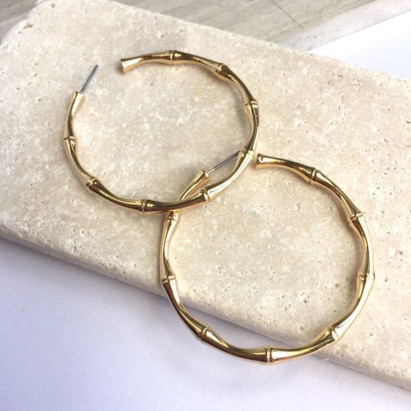 Large Bamboo Gold Hoop Earrings ~ NEW - Picture 4 of 4